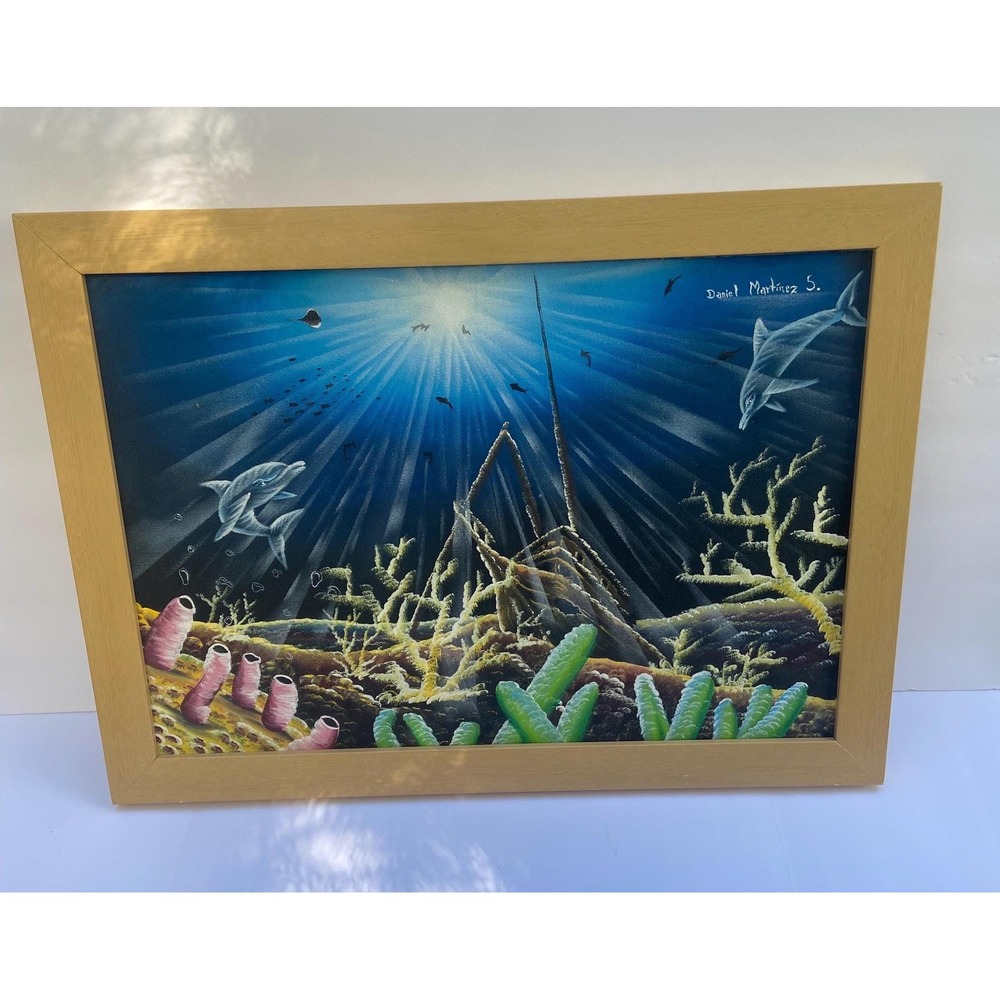 Vintage Acrylic Painting on Canvas in Wooden Frame Underwater Scene Dolphins